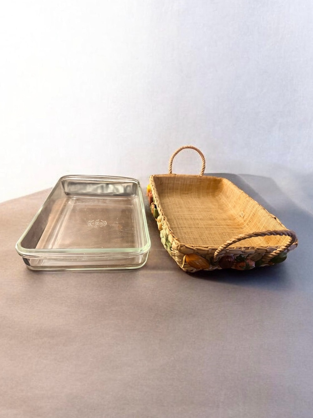 VTG Woven Rattan carrier, braided handles and Pyrex casserole dish